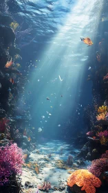 Sunlit coral reef canyon with colorful tropical fish scene.