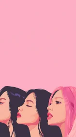 Stylized side profiles of three women on solid pink field