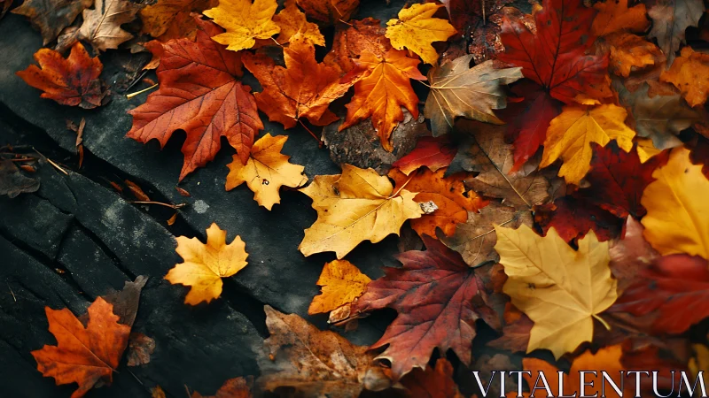 Autumn maple foliage blankets dark stone in high-contrast detail