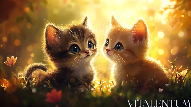 Two Adorable Kittens Meeting in a Sunlit Garden Paradise.