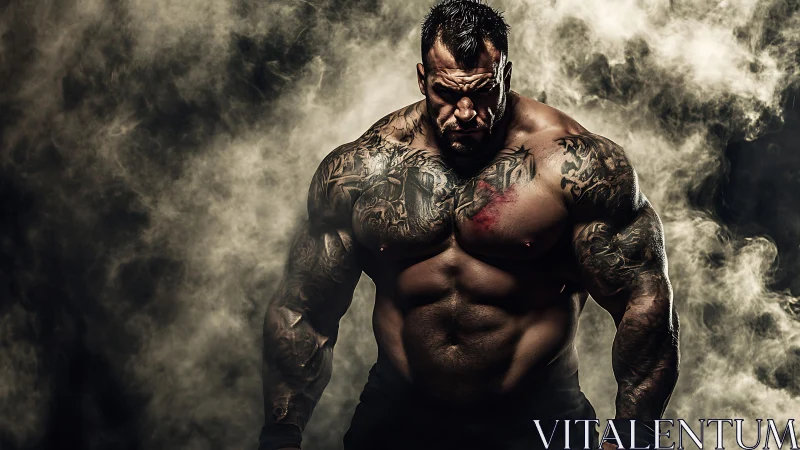 Tattooed muscular man posing in dramatic smoky lighting.