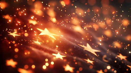 Cinematic bokeh field illuminates golden stars on rippling fabric