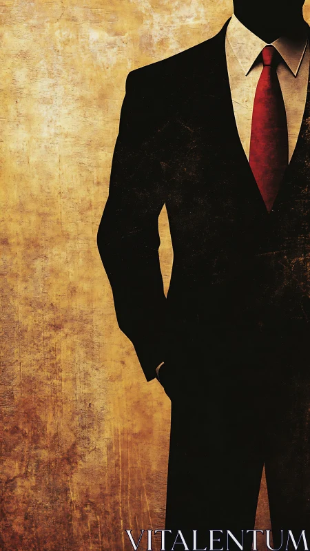 Sharp suited silhouette with bold red power tie poised.