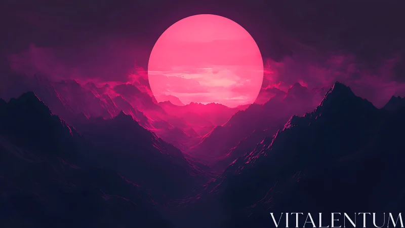 Neon moon melts into shadowy peaks like a cosmic tide