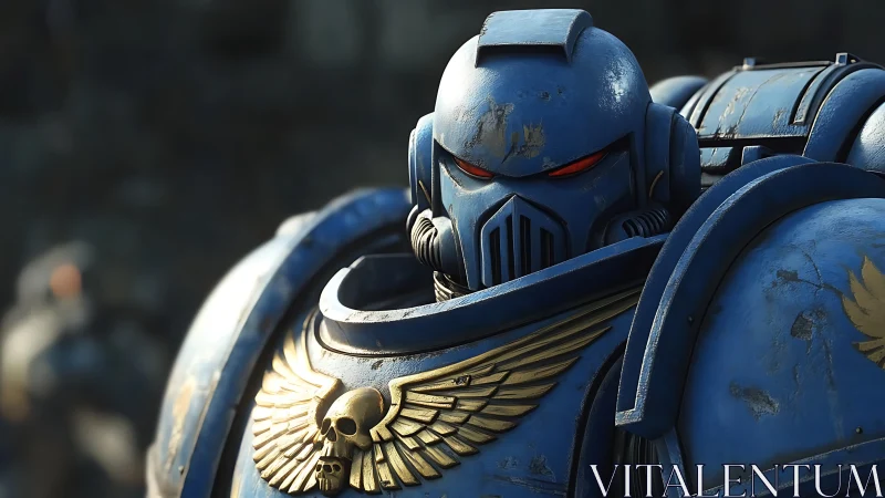 Blue armored space soldier with gold winged skull emblem.