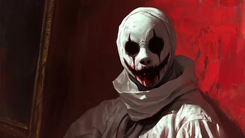 Bleak masked figure stares from a blood-red painted void