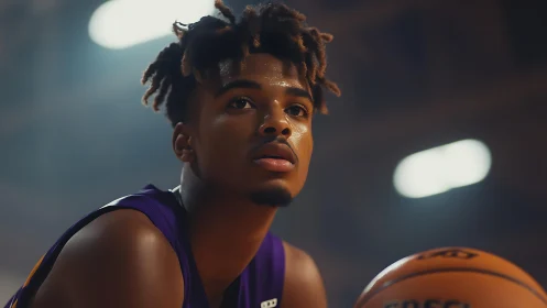 Young basketball player focuses intensely under arena lights.