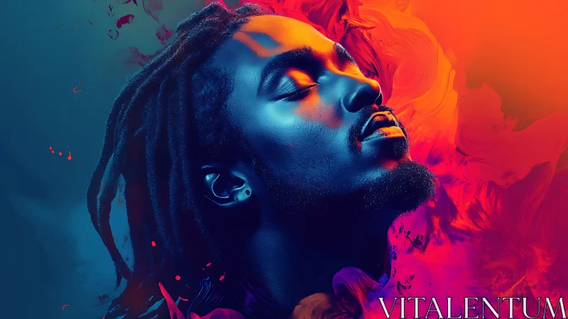 Radiant portrait in neon duotone with flowing color clouds.