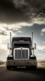 Midnight-black semi truck under storm-lit desert sky.