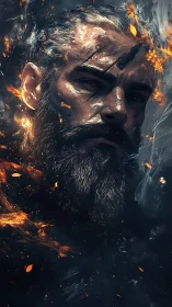 Battle-scarred warrior face emerges through swirling embers.