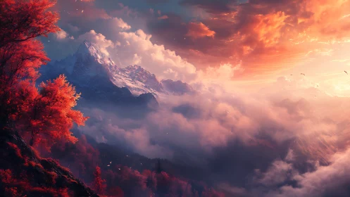 Spectral alpine ridge with incandescent nebular cloudfields.