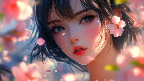 Soft-focus anime portrait frames girl amid cherry blossoms