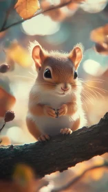 Autumn-kissed baby squirrel perches in dreamy forest bokeh.
