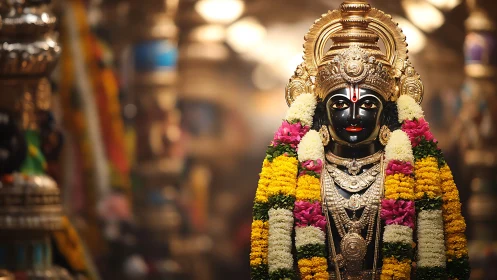 Photorealistic temple idol portrait with floral garlands and bokeh.