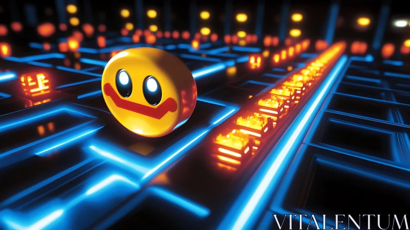 Neon emoji sphere navigating glowed circuit maze environment.