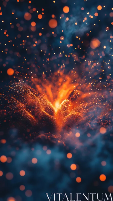 Volumetric orange particles erupt against deep cyan bokeh field