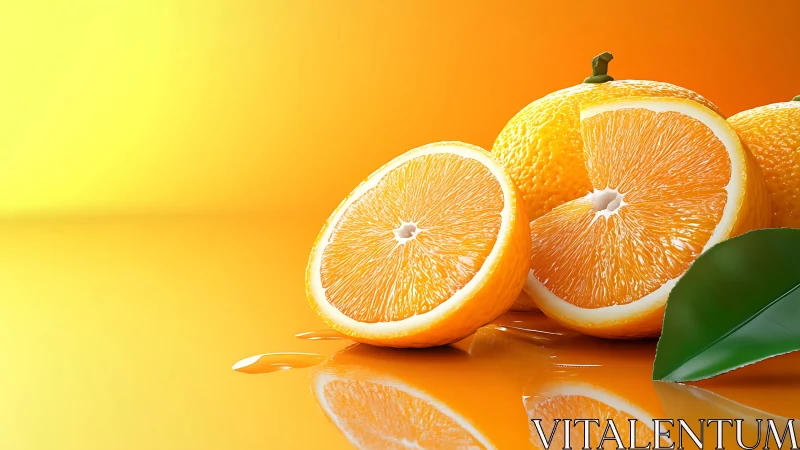 Orange halves rest on reflective surface under gradient light