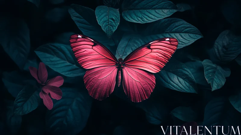 High-contrast magenta butterfly with symmetrical wings on dark foliage