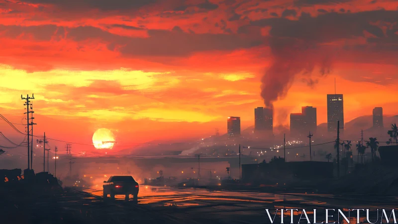Smoldering city skyline welcomes a lone car at fiery sunset