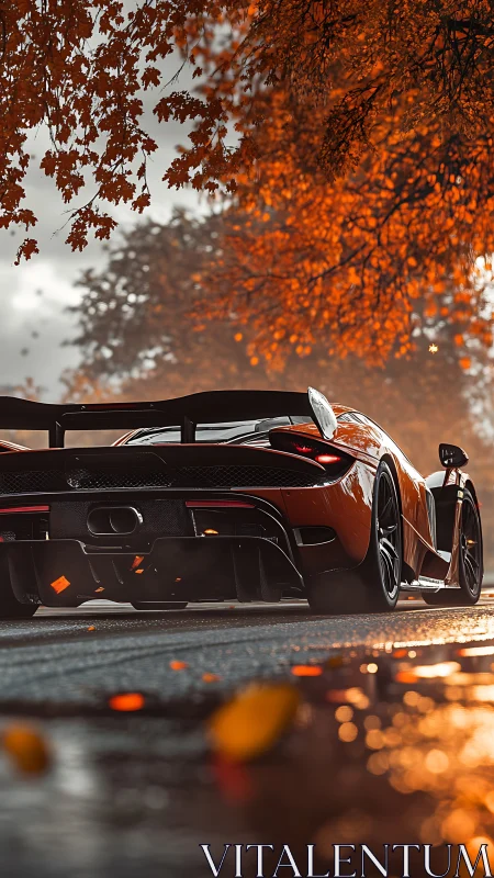 Autumn-burnished supercar idling beneath copperleaf thunder.