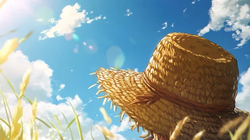 Straw hat in wheat field under bright midday sky.