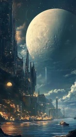 Moonlit megacity leans into the sea while rockets stitch sky
