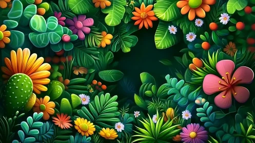 Vibrant botanical composition with layered flowers and succulent plants.