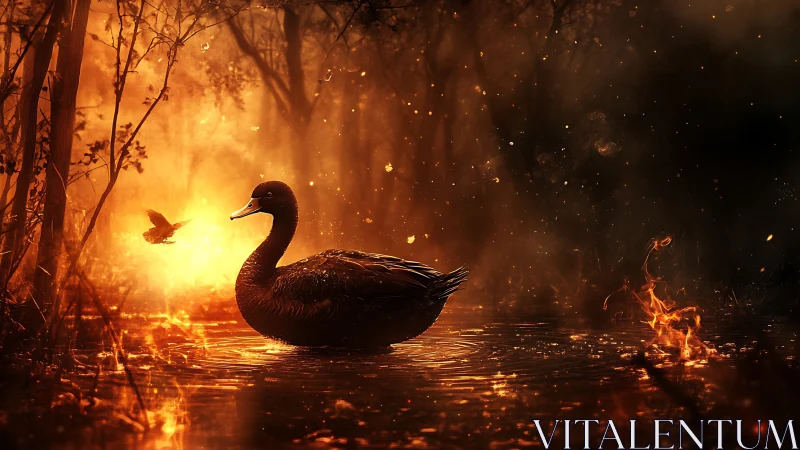 Black swan drifting through fiery forest water at dusk.