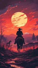 Cowboy silhouette riding toward vast crimson frontier sunset.