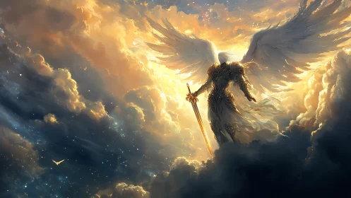Radiant armored seraph stands against celestial storm clouds.