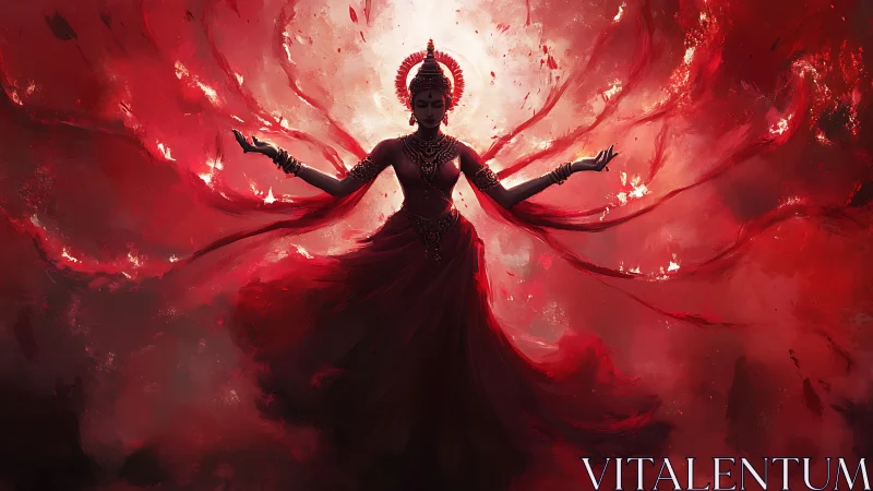 Silhouetted goddess figure stands in swirling red energy field