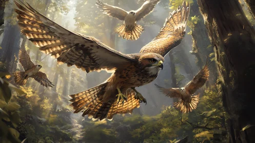 Majestic hawks soaring through sunlit forest in realistic art.