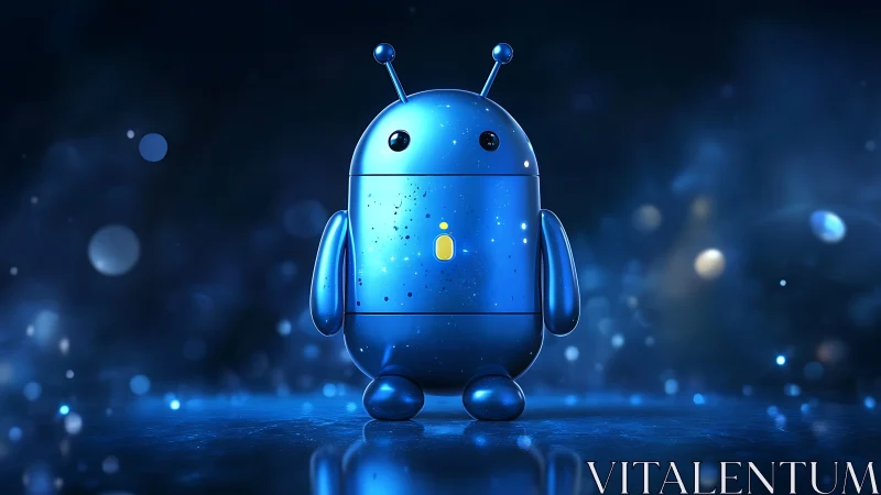 Blue robot mascot with lock symbol in glowing scene.