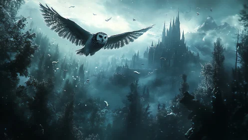 Snowy owl in nocturnal flight above distant gothic castle.