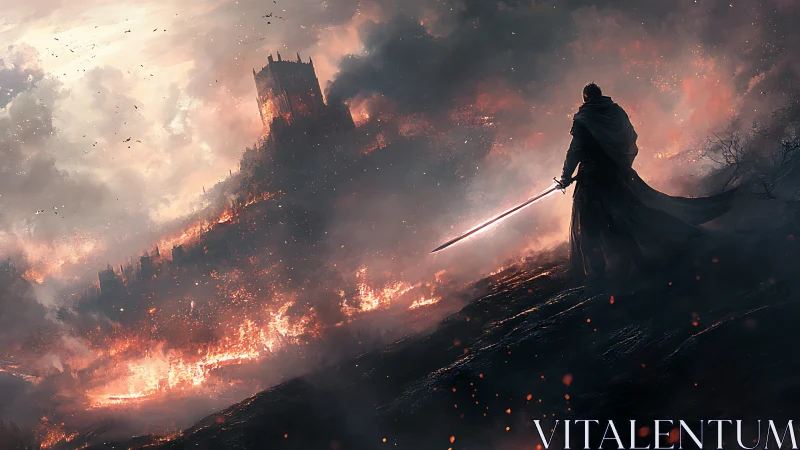 Epic fantasy knight silhouetted before burning citadel environment.