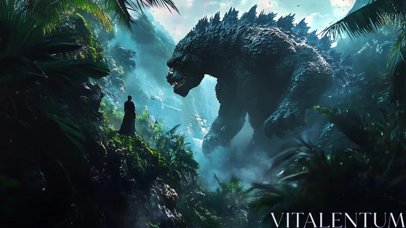 Colossal jungle titan confronts lone wanderer in misty ravine.