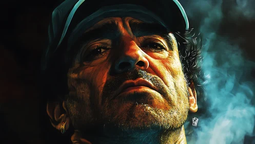 Brooding portrait in bold teal and ember-toned light.