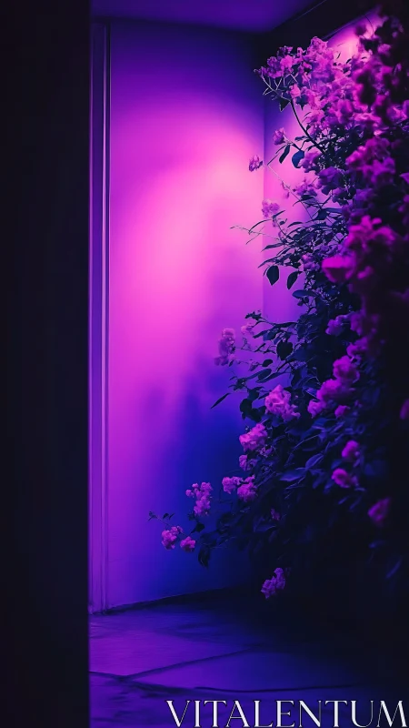 Floral corridor under saturated magenta-blue artificial illumination