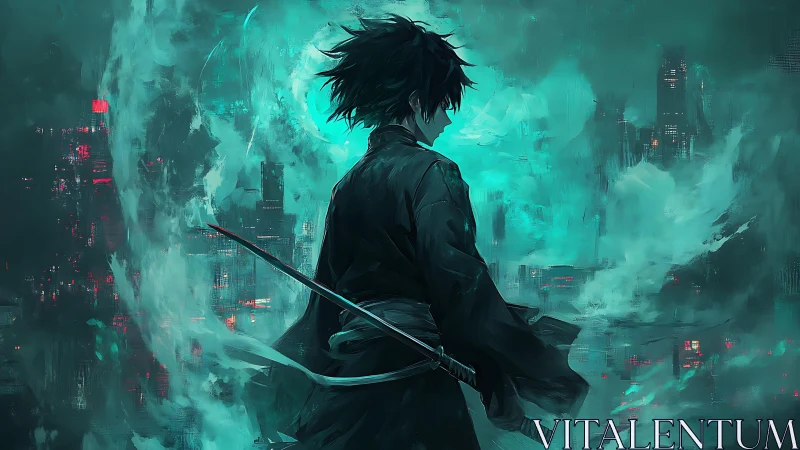 Neon storm ronin surveying a drowned cyber cityscape.