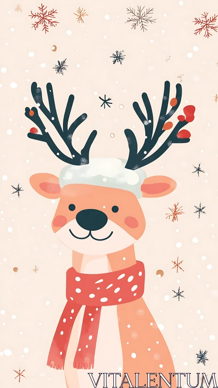 Smiling winter reindeer with scarf and stylized snowflakes.