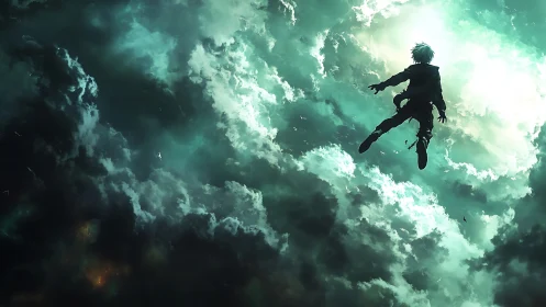 Silhouetted figure floats upward through dense glowing clouds