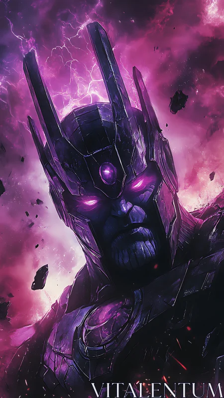 Armored cosmic warlord portrait glows in violet lightning
