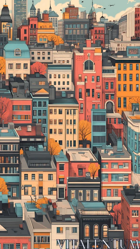 Dense midrise city block with varied colorful facades.