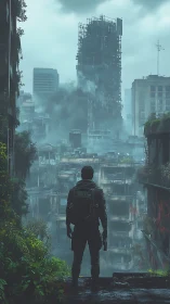 Lone wanderer surveys a drowned, overgrown ruin-city horizon.