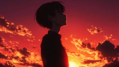 Silhouetted anime boy contemplates beneath a burning sunset sky