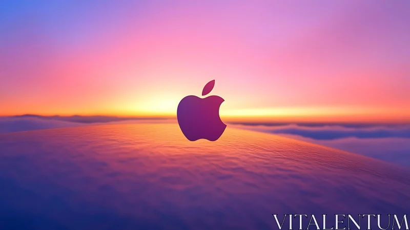 Apple logo over stylized horizon at soft colorful sunset.