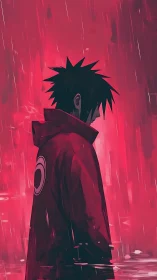 Crimson rain crowns a lone anime wanderer in shadowed calm.