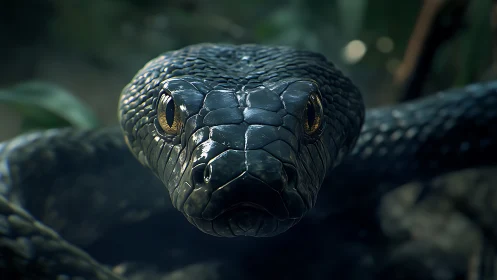 Gleaming black snake gazes calmly with striking golden eyes