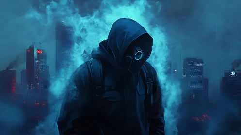 Mysterious hooded wanderer in a smoky neon blue cityscape.