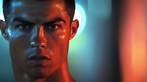 Intense athlete portrait under blue and orange neon light.